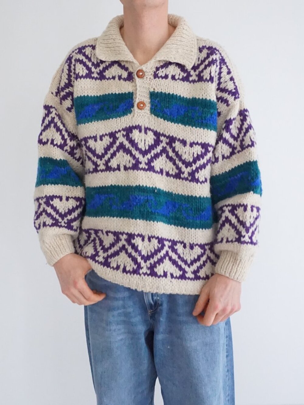 Vintage Cream Purple Teal Fair Isle Chunky Wool Collared Fisherman Sweater M